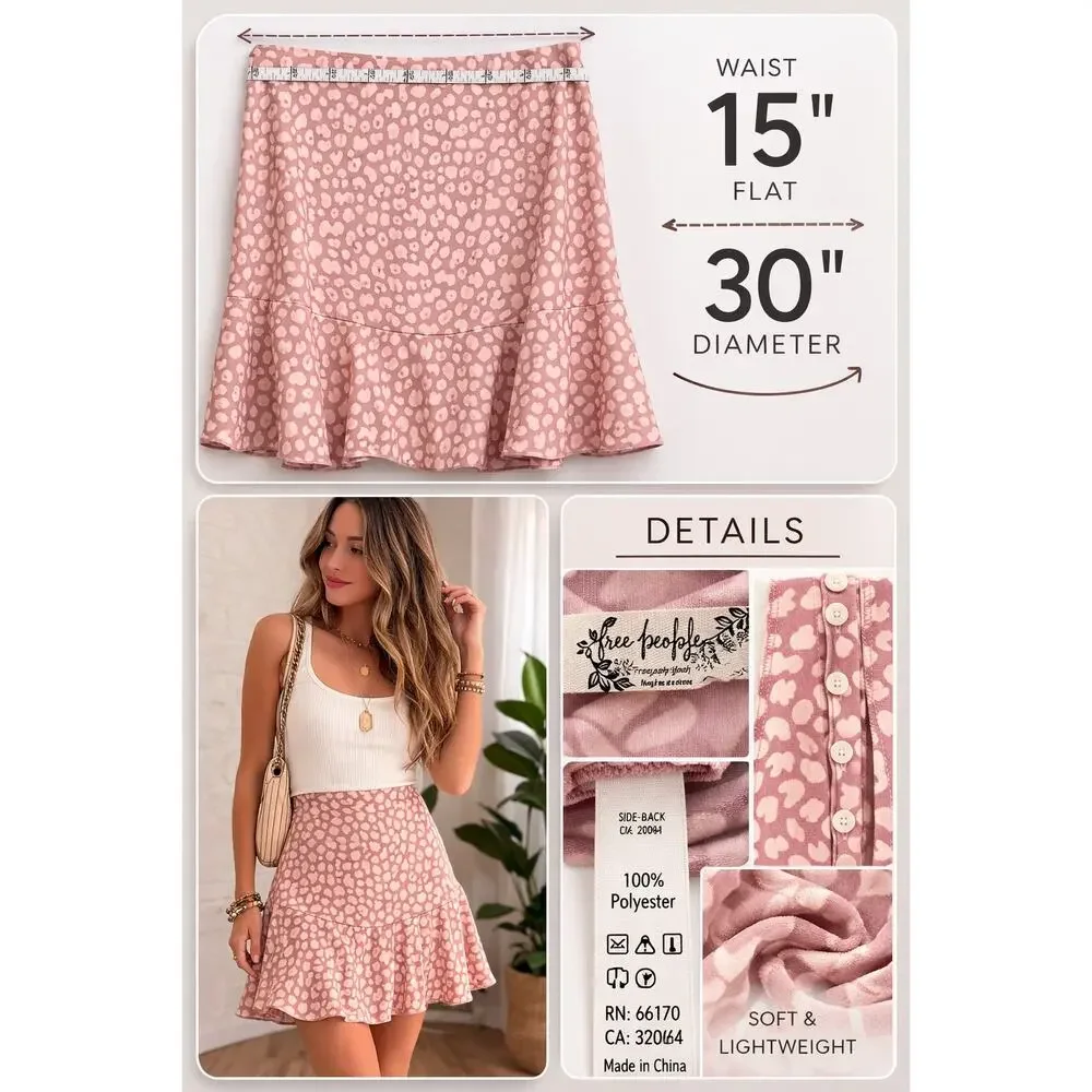 Intimately‎ Free People Pink Leopard Ruffle Hem Mini Skirt Boho Y2K 30 Waist